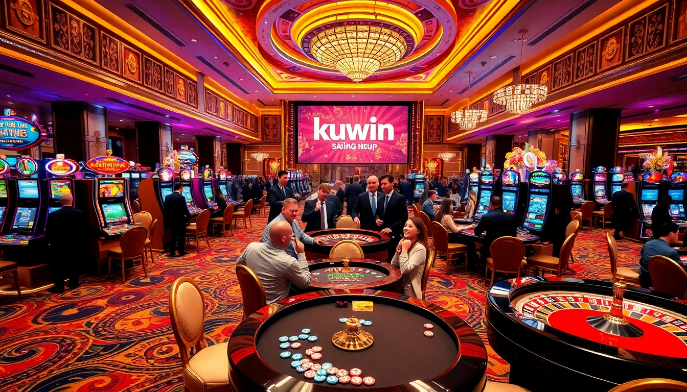 Kuwin đăng nhập at a vibrant casino with players winning big at slot machines and tables.