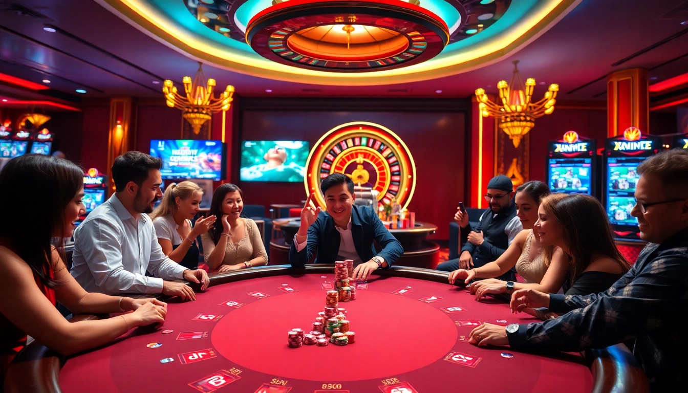 XN 88 casino scene with players at a poker table and vibrant slot machines.