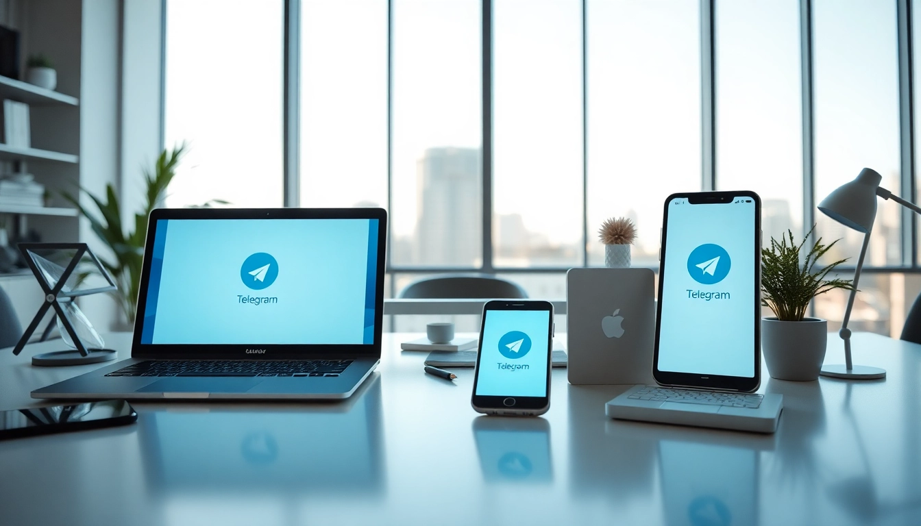 Experience seamless communication with Telegram官网下载 displayed on multiple devices in a professional workspace.