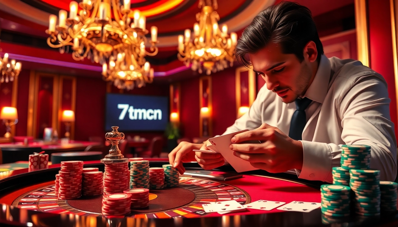 Engaging scene of a player at a casino table, analyzing cards with a focus on 7mcn logo.