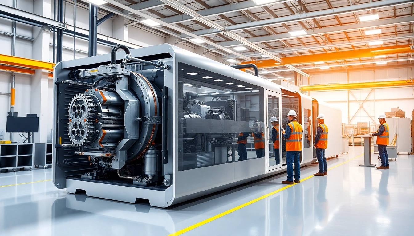 Large injection molding machine in a modern factory showcasing advanced technology and precision engineering.