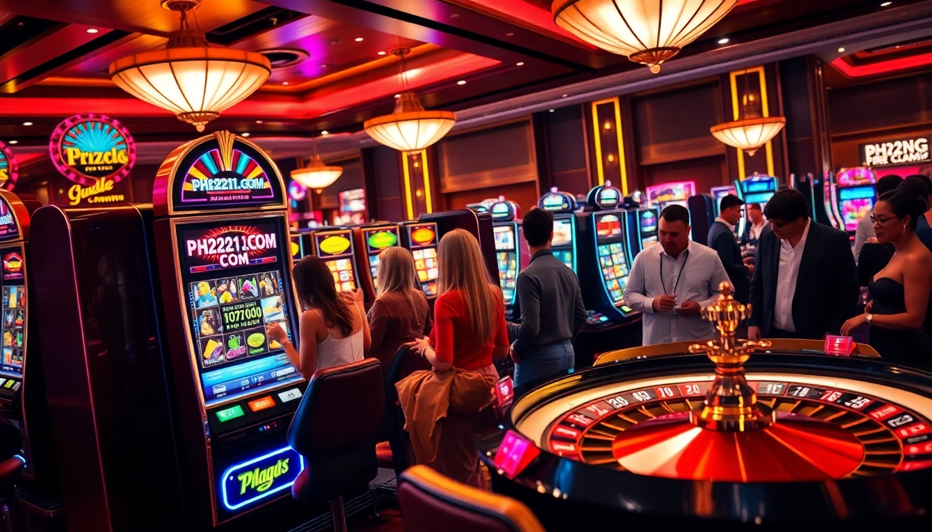 A group of gamblers celebrating at a 'PH22211.COM' slot machine in a vibrant casino atmosphere.