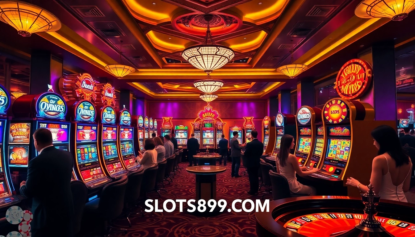 A vibrant casino scene featuring slot machines and players engaging in games at SLOTS899.COM