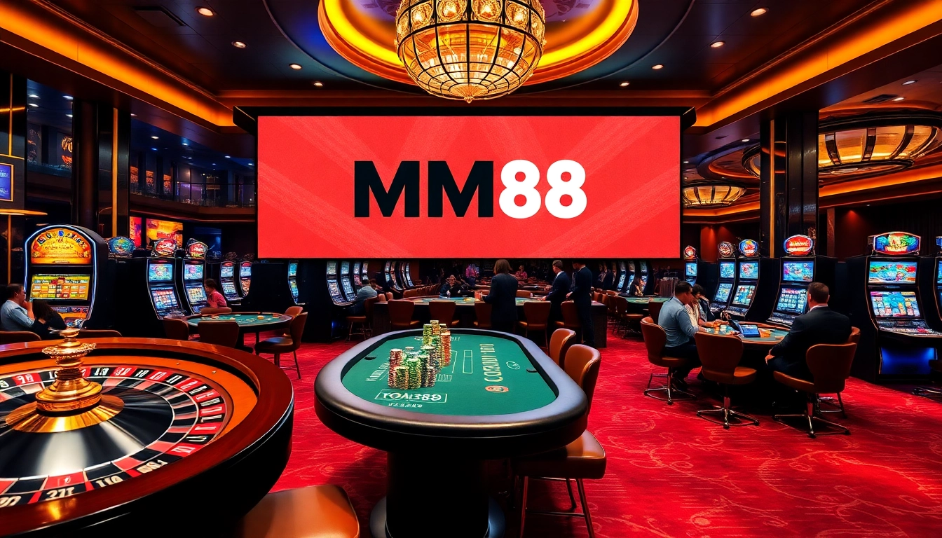 Players enjoying thrilling games at MM88 with vibrant casino elements and a luxurious atmosphere.