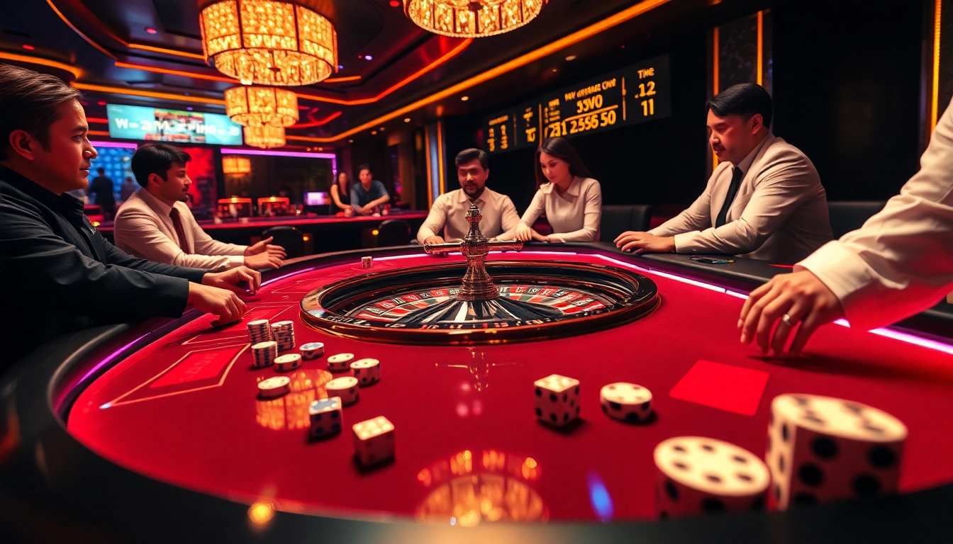 Exciting online gambling scene at MM88 casino featuring poker tables and roulette wheels.