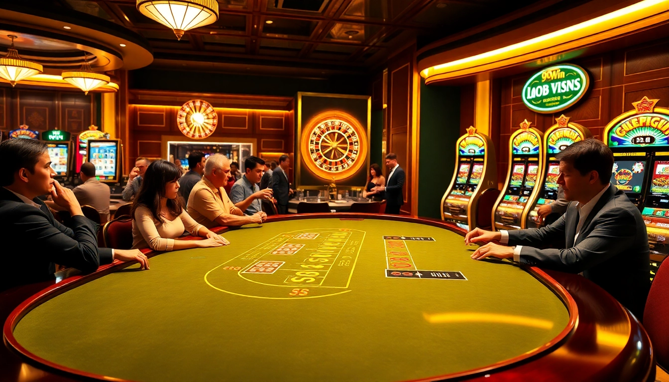 Players enjoying a thrilling blackjack game at 99win casino, showcasing excitement and luxury.