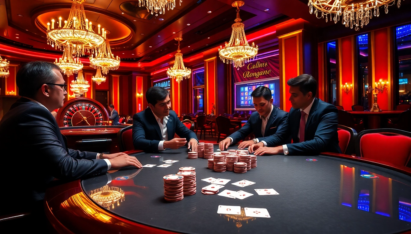 Kuwin players engaging in a thrilling poker game with vibrant casino ambiance.
