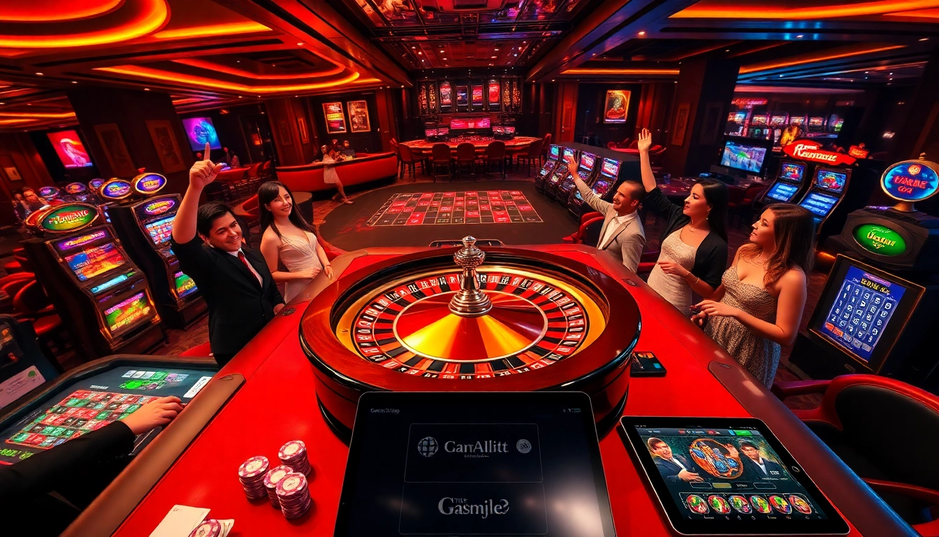 Excited players celebrating wins at a vibrant casino featuring roulette, poker, and https://rr88c.mobi/.