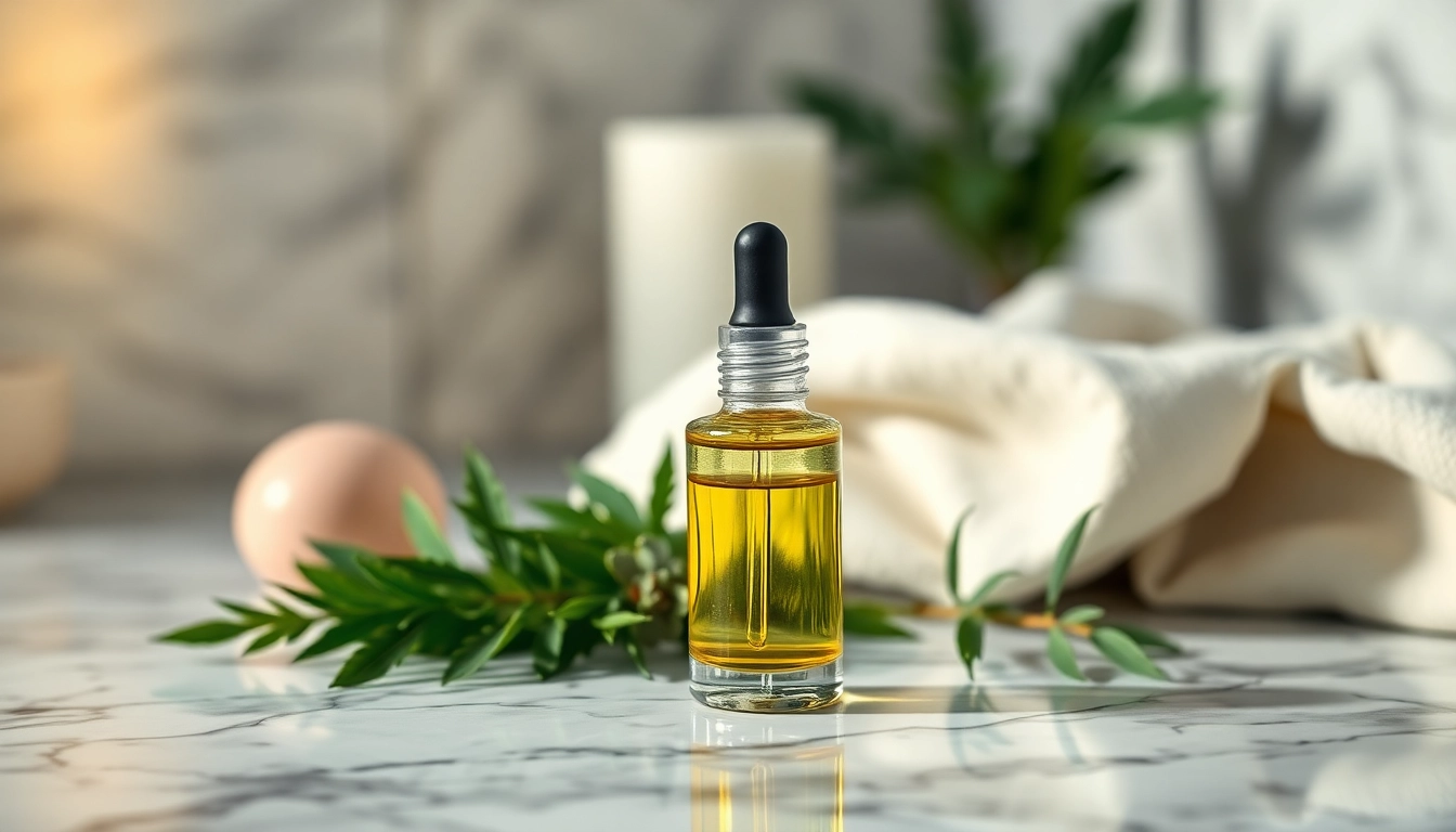 Apply CBD oil for skin in a luxurious skincare setting with green herbs and soft textures.
