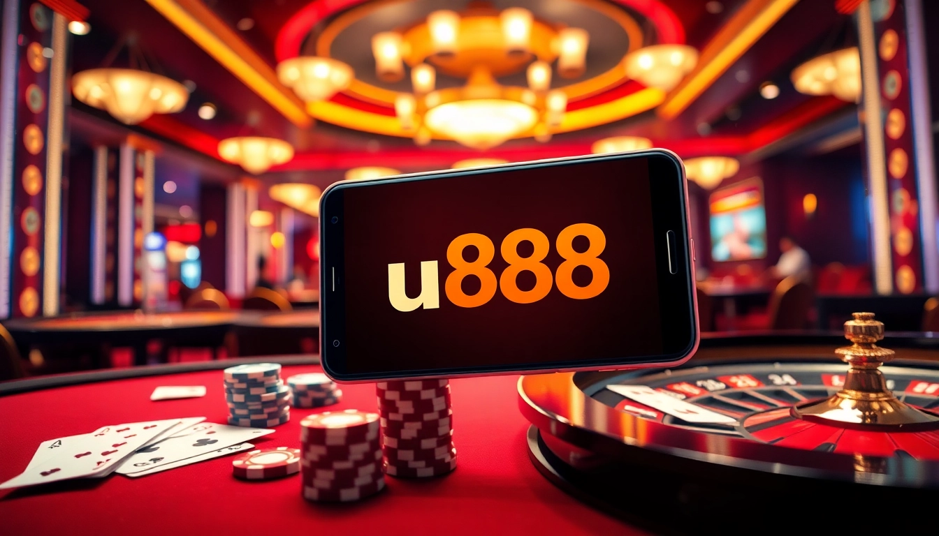 Experience the excitement of gambling with the u888 app showcased in a luxurious casino setting filled with action.