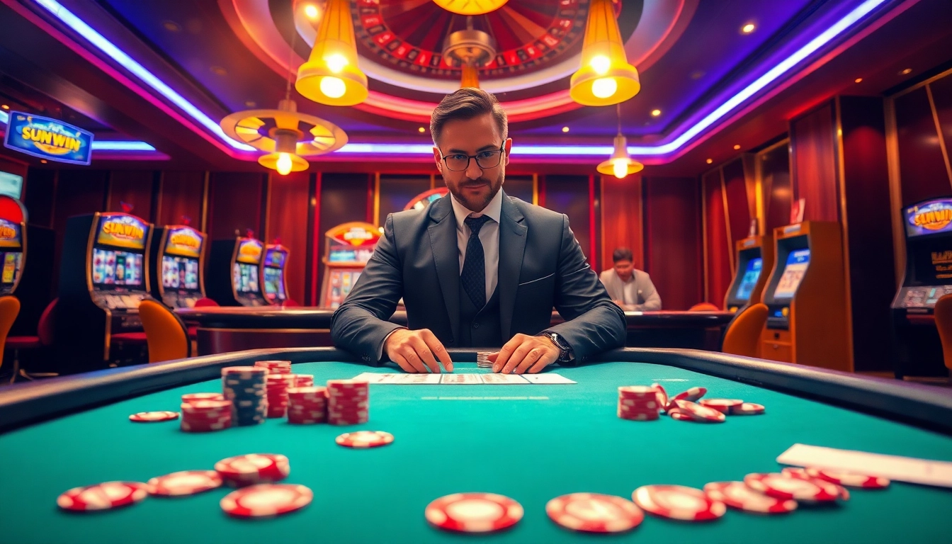 Engaging gambling scene featuring SUNWIN poker table with vibrant chips and cards