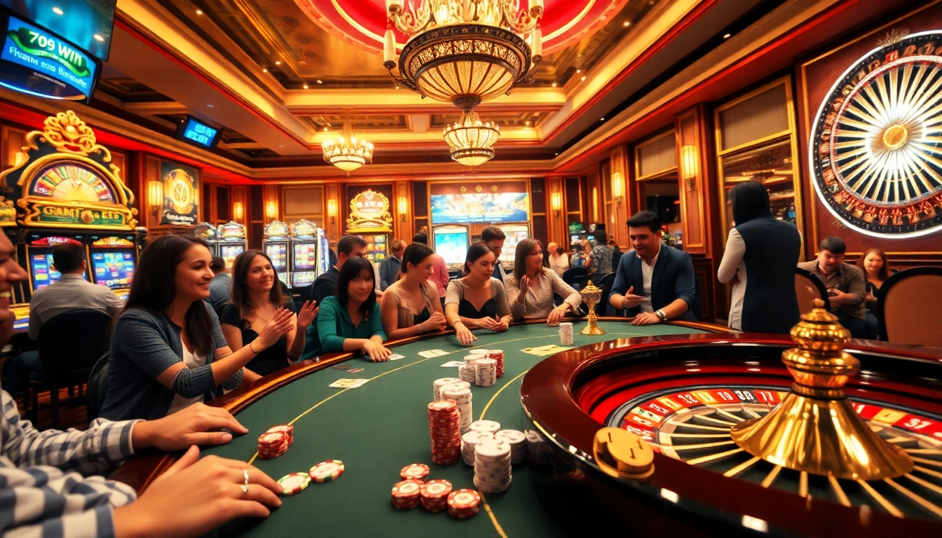 Engaging gaming scene at 789win.com with players at poker tables and vibrant slot machines.