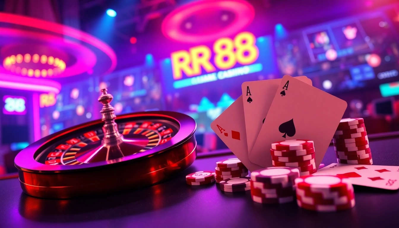 Experience the excitement of RR 88 Casino with vibrant roulette and poker visuals.