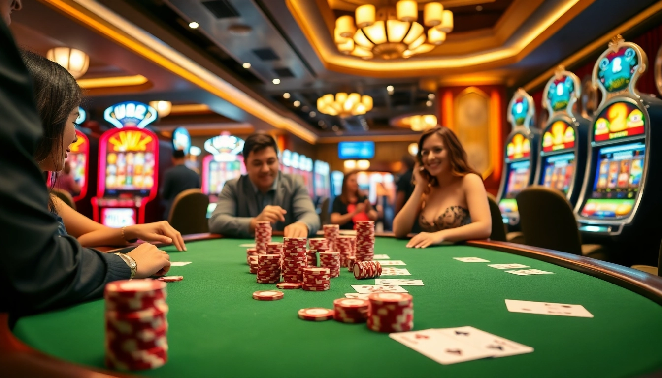 UU88 players enjoying a high-stakes poker game, vibrant chips, and thrilling atmosphere.