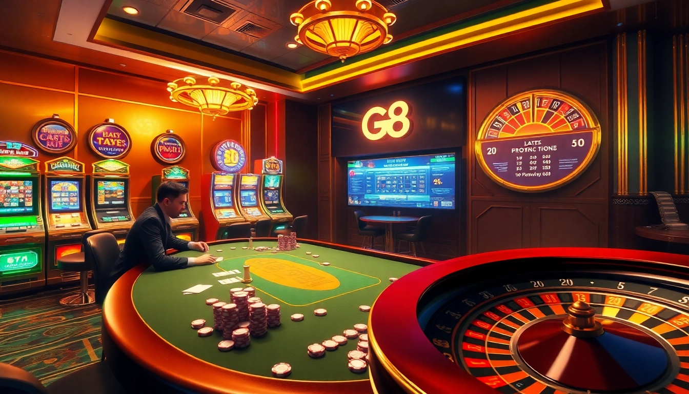 Master the thrill of GG 88 as players engage at a high-stakes casino table with dynamic slot machines and a spinning roulette wheel.
