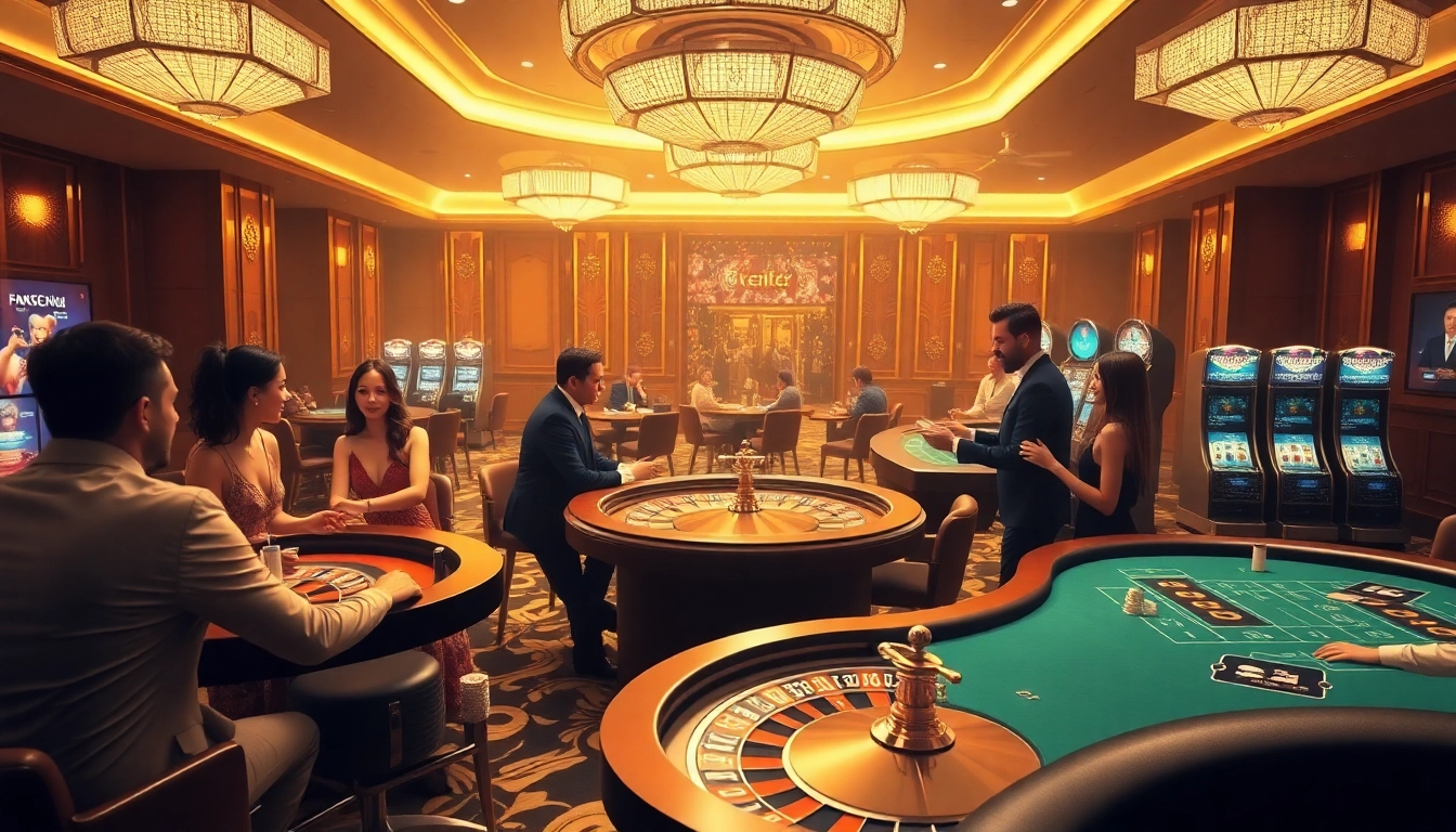 Experience luxury gambling with bin88 help in this vibrant casino setting featuring poker and roulette.