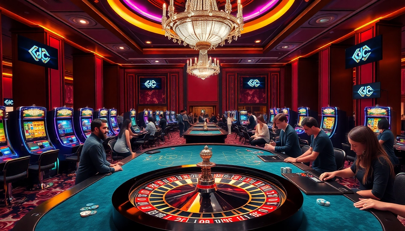 KJC players eagerly engaging at a luxurious casino table, showcasing excitement in a vibrant gambling environment.