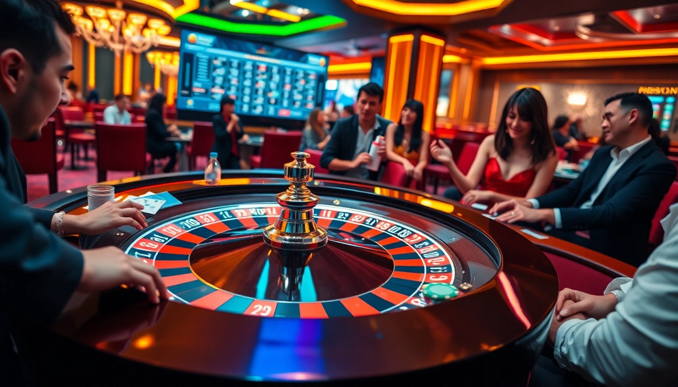 Exciting online gambling scene at nohu90 com with roulette wheel and vibrant betting activity.