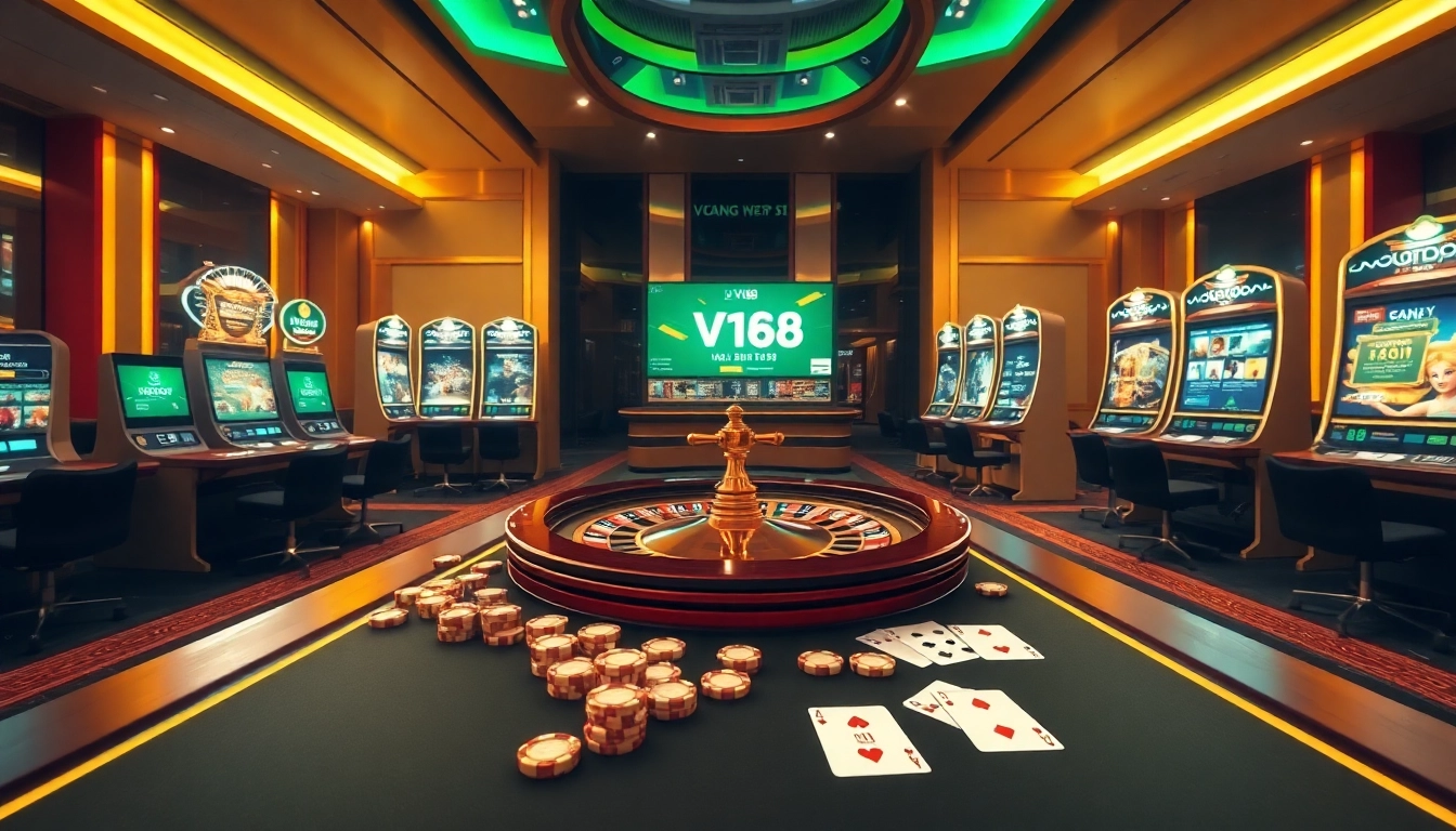 Experience seamless gameplay with vn168 đăng nhập, featuring luxury casino elements like roulette and slot machines.