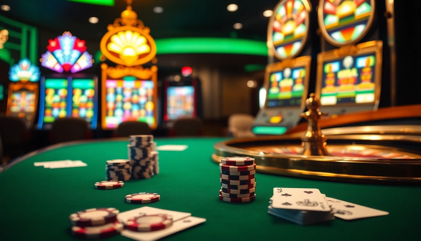 High-stakes gambling scene showcasing KJ C poker chips and an elegant roulette wheel.