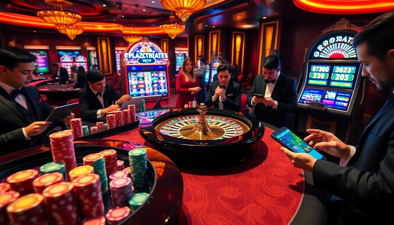 Engaged players enjoying rr88com at a luxurious casino table with vibrant gaming interface.