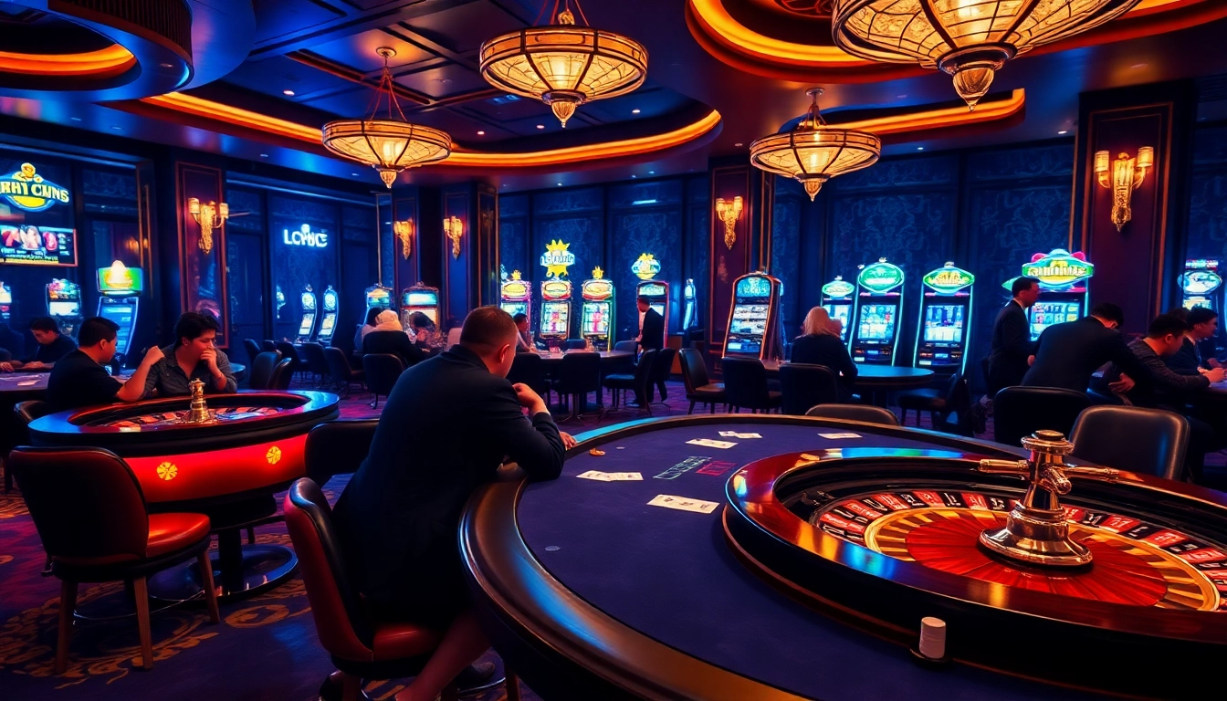 Casino scene with players at elegant poker tables featuring lc88.blue chips and vibrant slot machines.