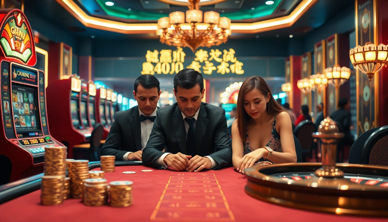 Engaging scene showcasing players at a poker table, exploring giải mã nhà cái while enjoying the vibrant casino environment.