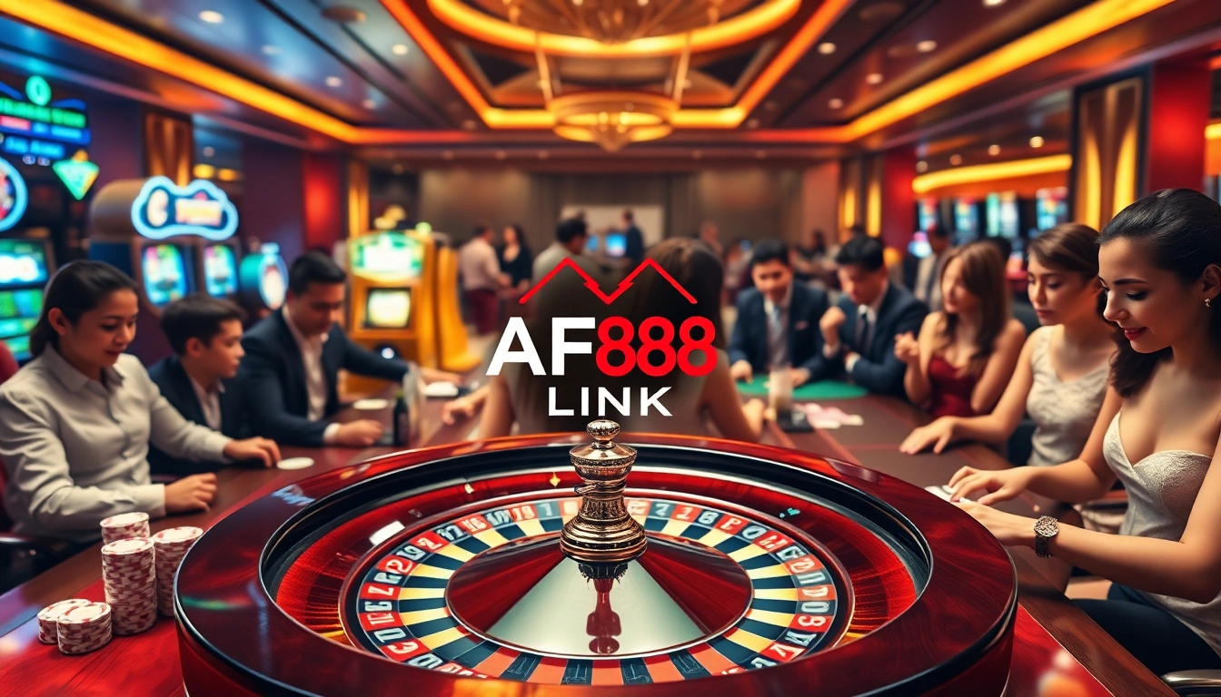 Experience the thrill of the AF88 LINK casino with players engaging at roulette and poker tables.