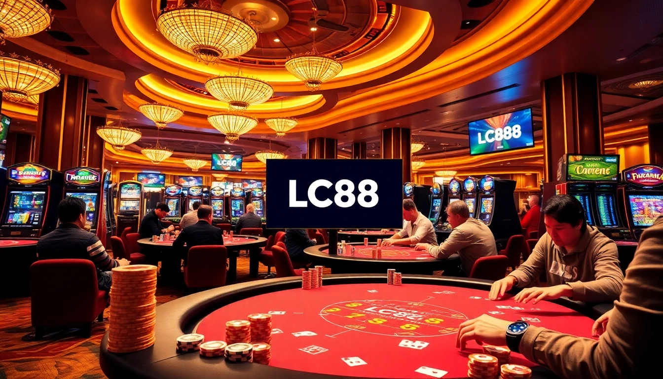 Experience thrilling gameplay at a luxurious casino showcasing lc88 bio with poker tables and vibrant slots.