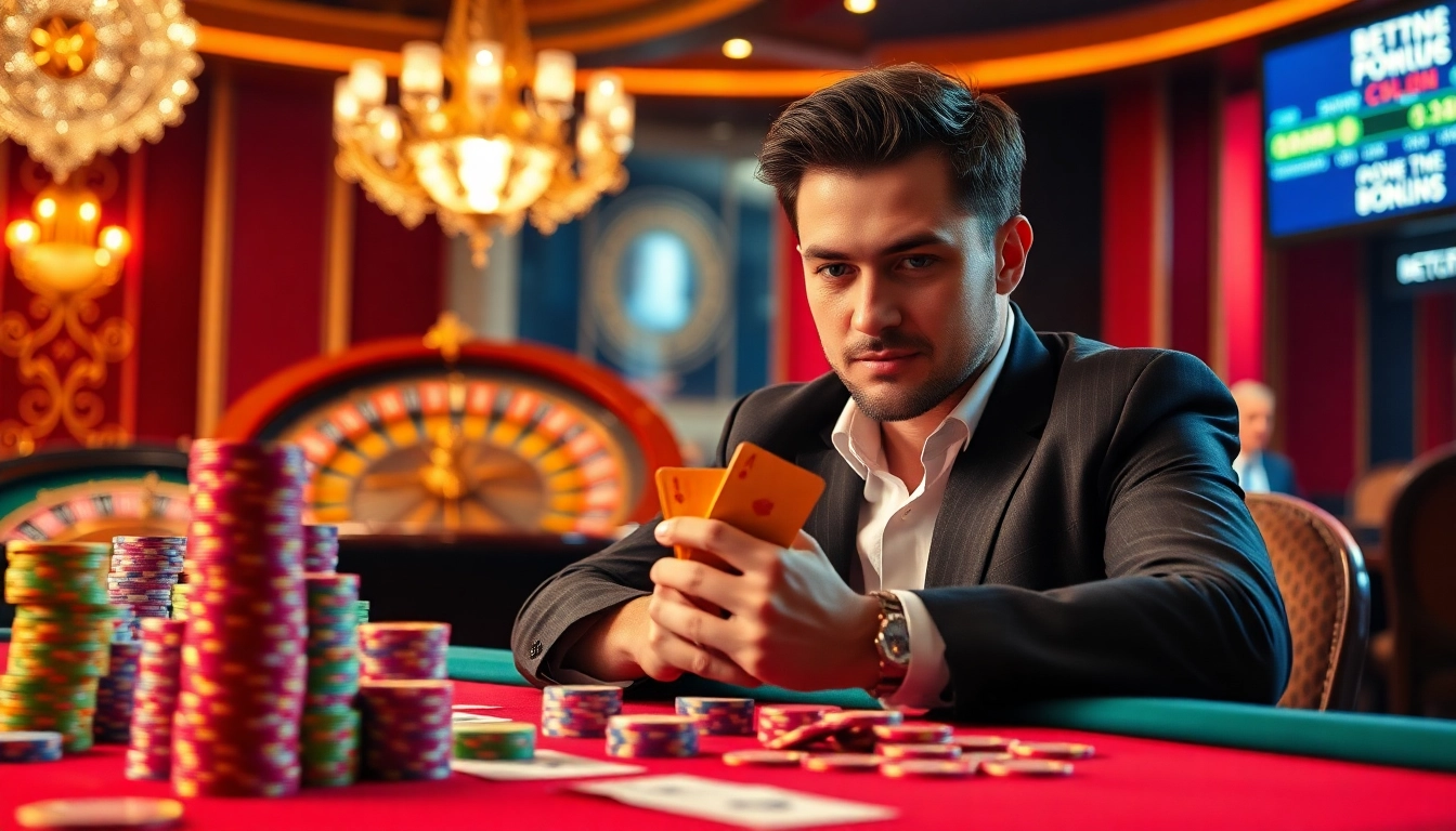 Exciting poker gameplay at Jeetbuzz Casino, showcasing vibrant chips and illuminated roulette wheel.