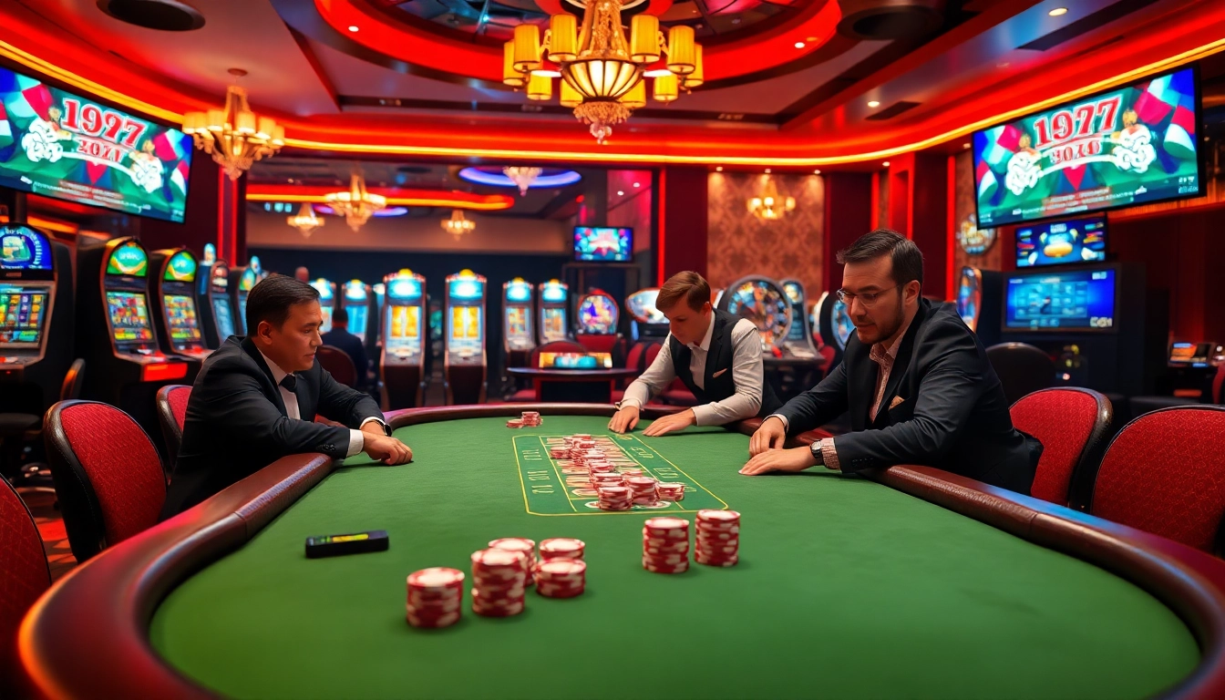 A thrilling casino game atmosphere at https://marvelbet.site/ with poker chips, players, and roulette wheel.
