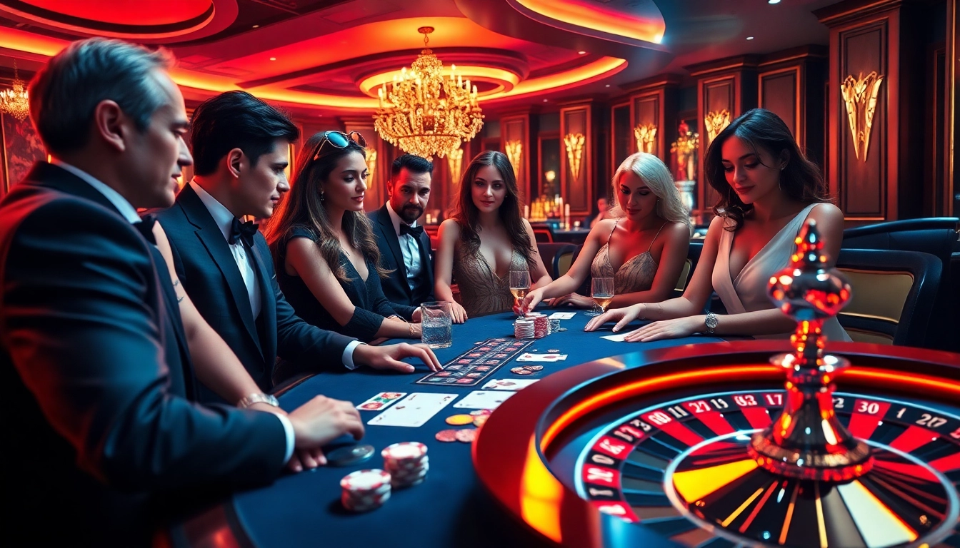 Players enjoying the excitement of high-stakes gambling at cair33bdg.com with poker chips and a roulette wheel.