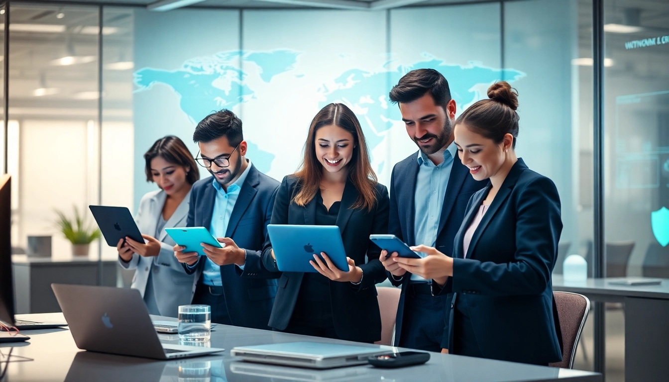 快连下载 application displayed on various devices in a modern office, showcasing global network acceleration.
