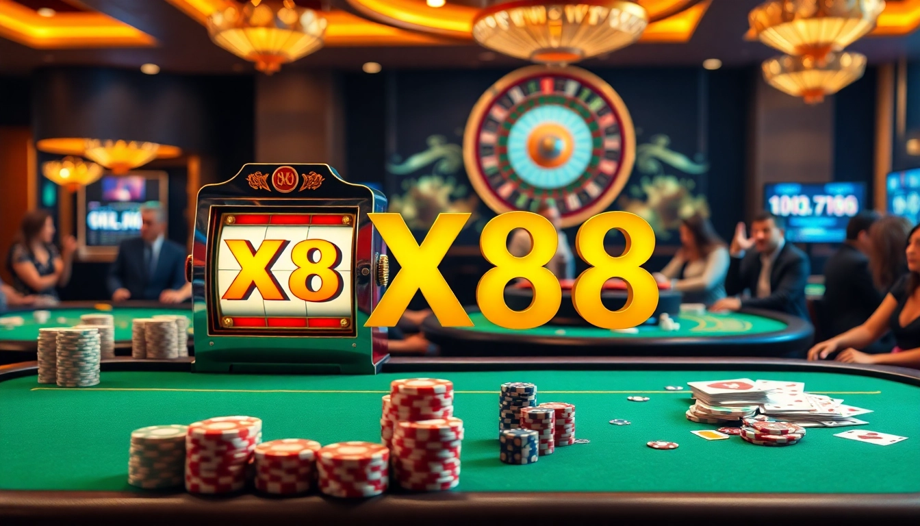 Exciting casino atmosphere featuring X88 branded slot machines and poker chips.
