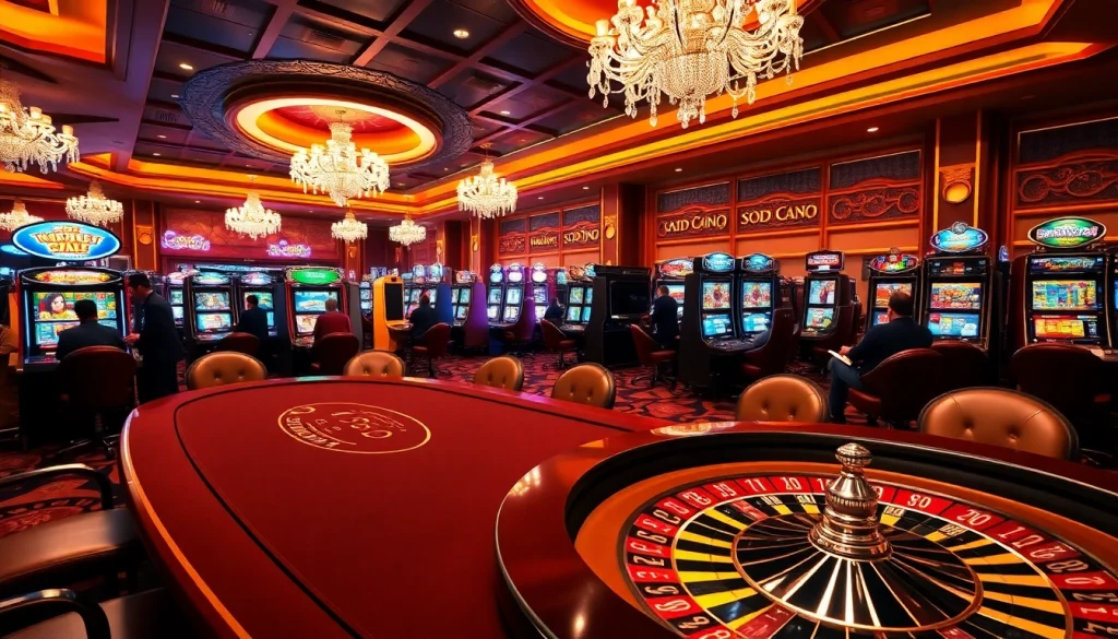 SODO CASINO players enjoying an exciting poker game with colorful chips and bright roulette wheel.