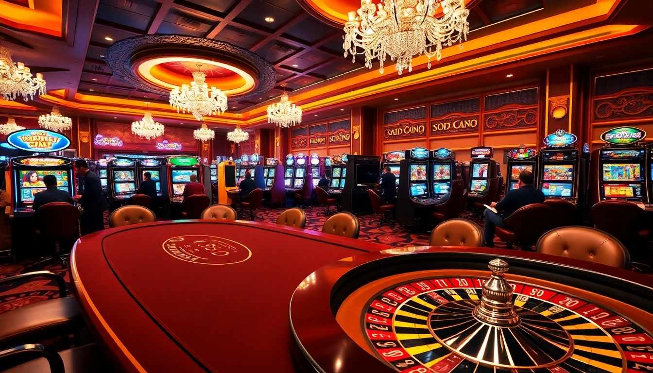 SODO CASINO players enjoying an exciting poker game with colorful chips and bright roulette wheel.