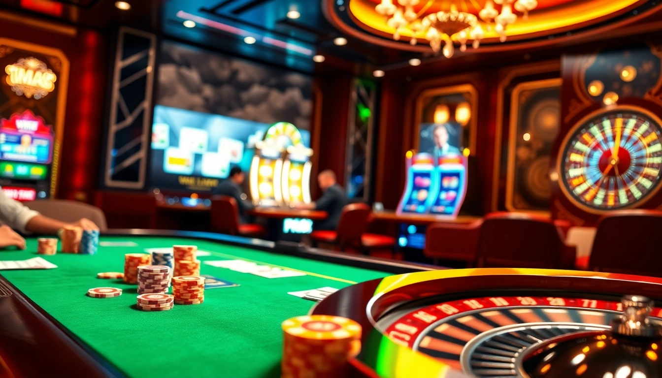 Exciting gambling action at VMAX Casino featuring poker chips, cards, and slot machines