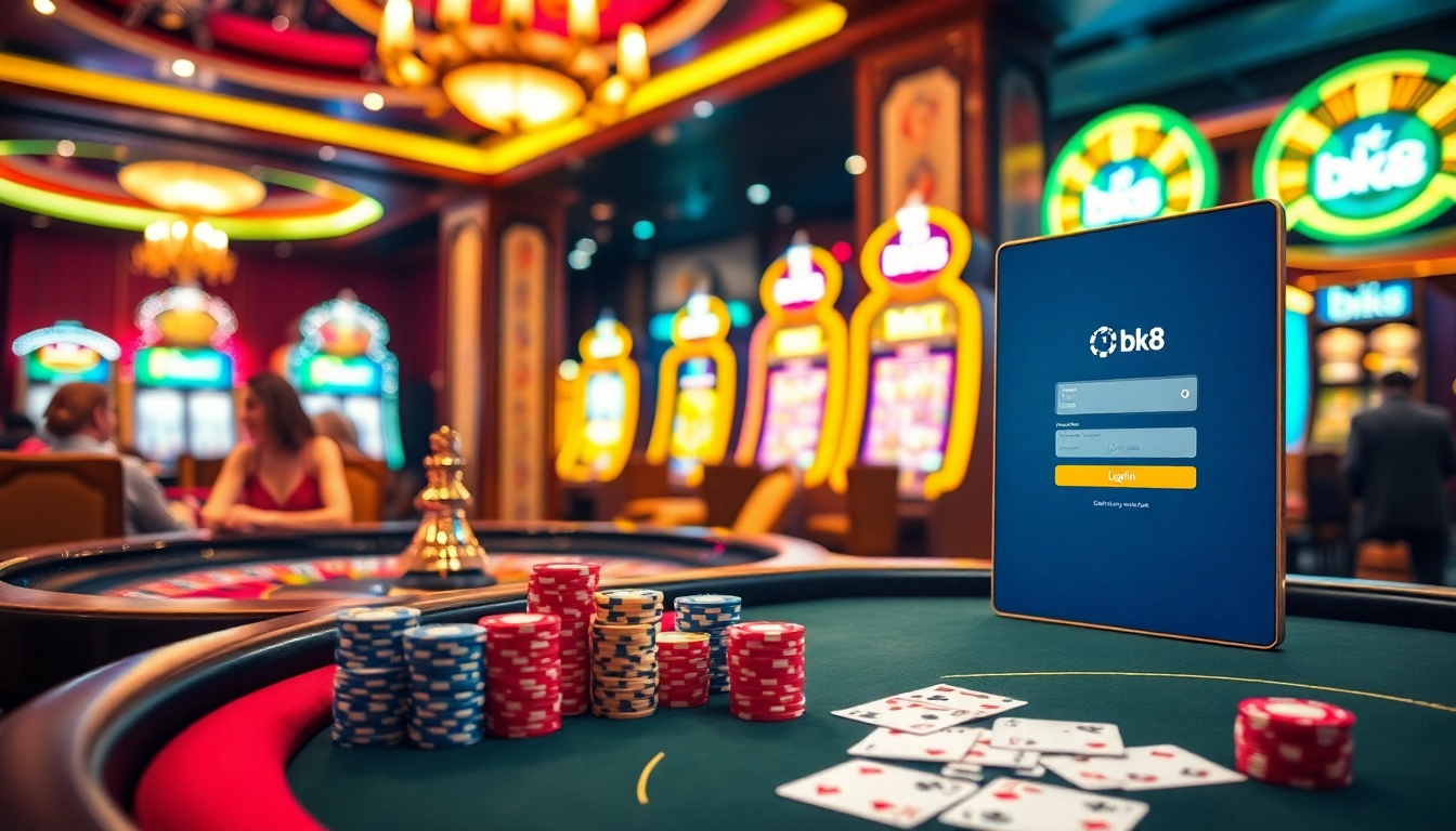 Experience luxury as you engage in bk8 login at an upscale casino table, complete with vibrant poker chips.