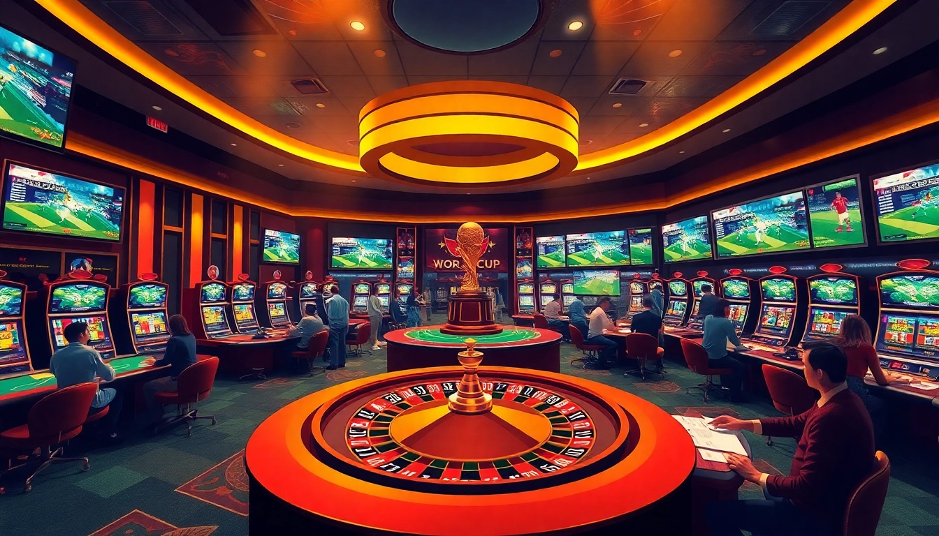 Engaging in แทงบอลโลก betting action inside a luxurious casino, complete with vibrant games and eager gamblers.