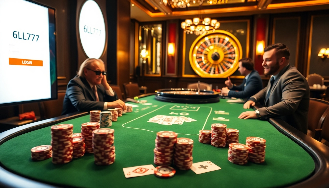 Engaging scene of poker players at a table featuring the "6L777 Login" display, emphasizing high-stakes excitement.
