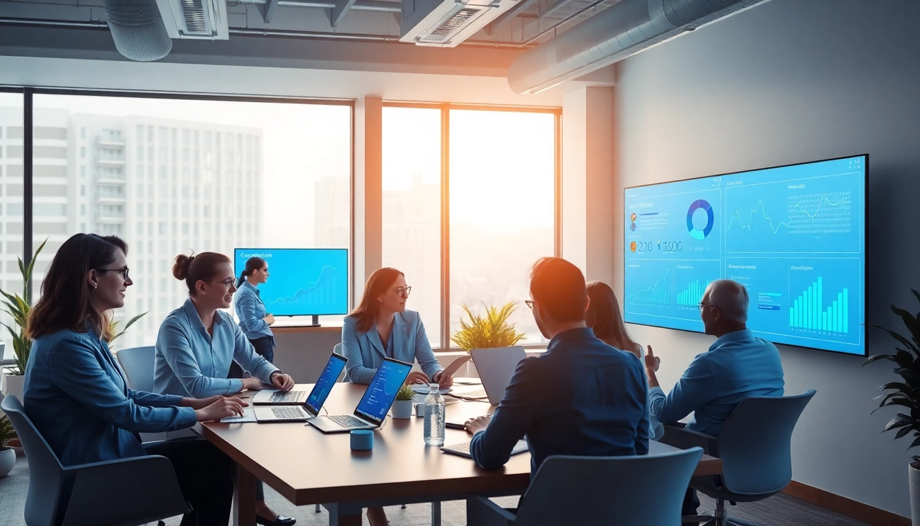 美洽 AI 客服平台在现代办公环境中，协作团队共同工作。