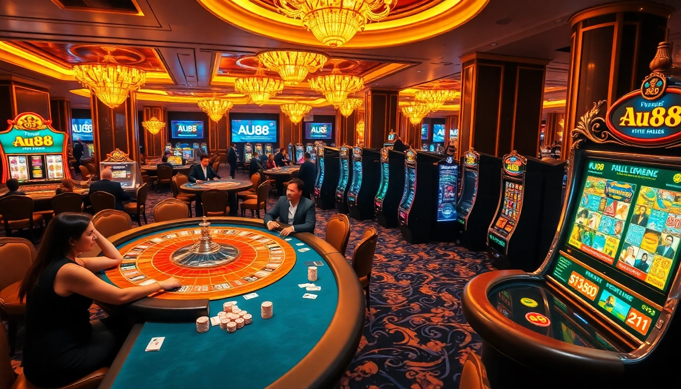 A lively casino scene showcasing players at AU88 engaging in poker and roulette games, surrounded by colorful slot machines.