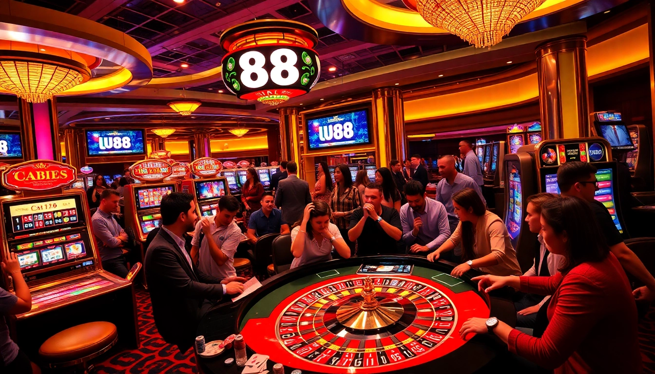 Players enjoying a thrilling game of roulette at UU 88 casino, surrounded by vibrant colors and luxury decor.