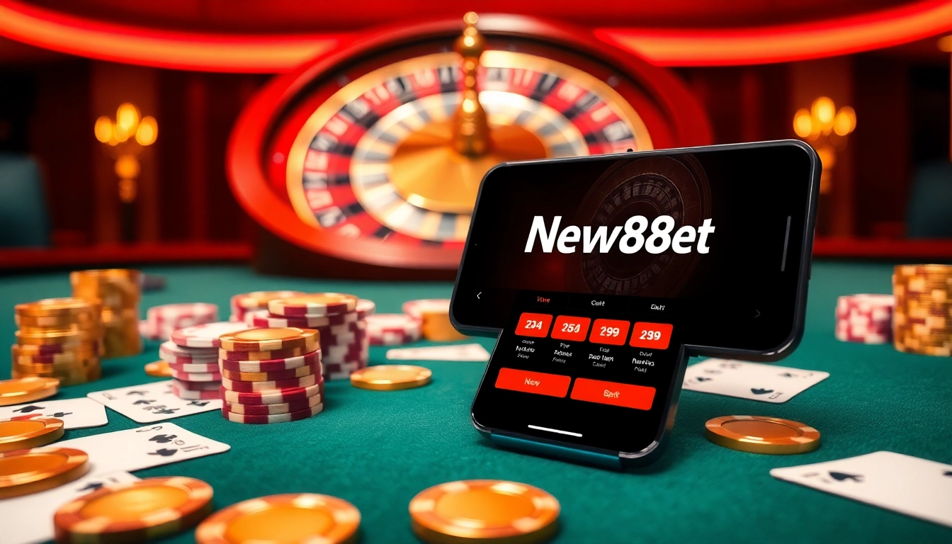 Experience top-tier gaming action on New88bet.us with vibrant roulette wheels and poker chips.