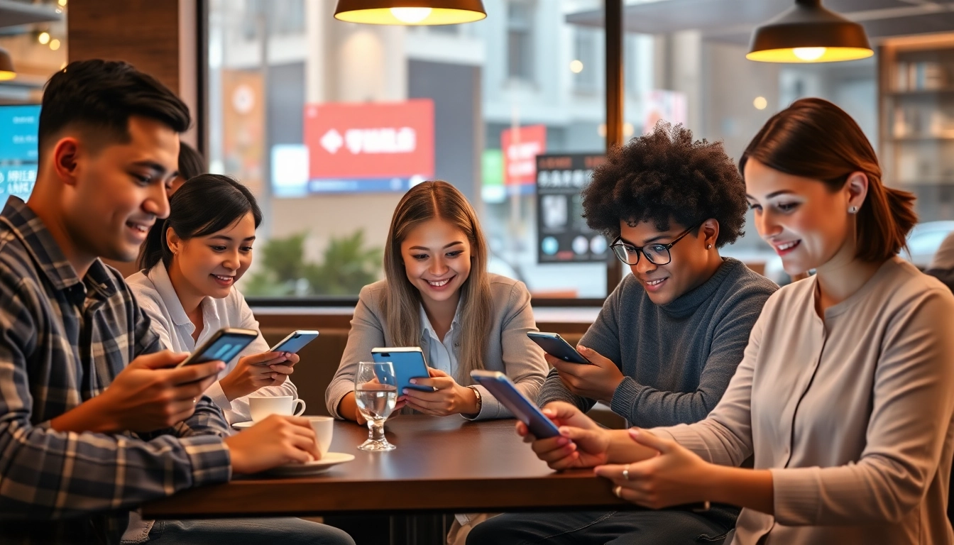 快连下载 shows diverse users enjoying high-speed internet connectivity in a modern café, illustrating seamless global access.