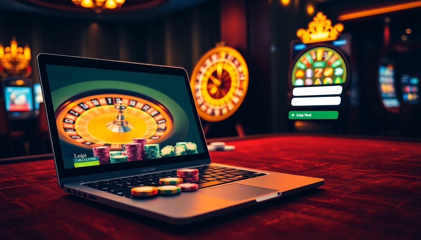 Log in to an elegant online casino featuring cards, chips, and a dazzling roulette wheel.