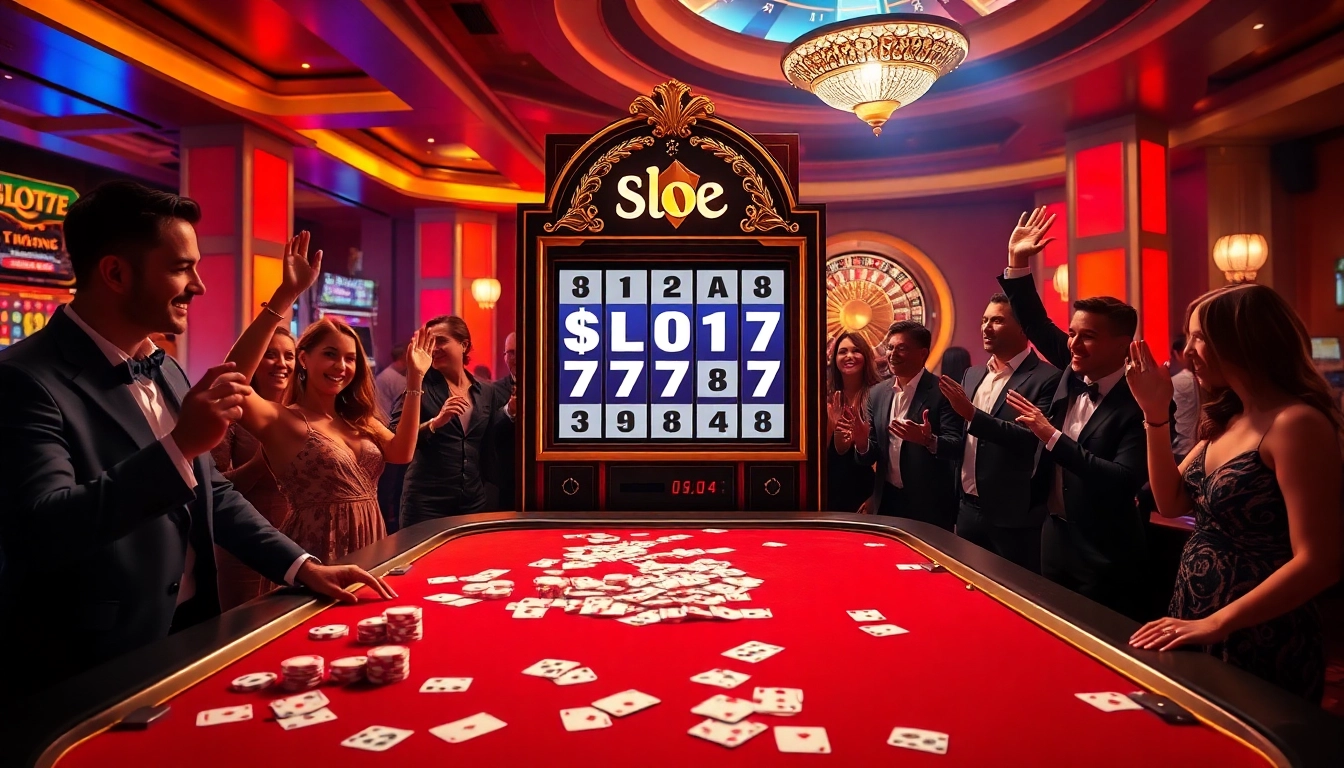 Experience the thrill of slot777 login at a vibrant casino scene filled with slot machines and players celebrating wins.