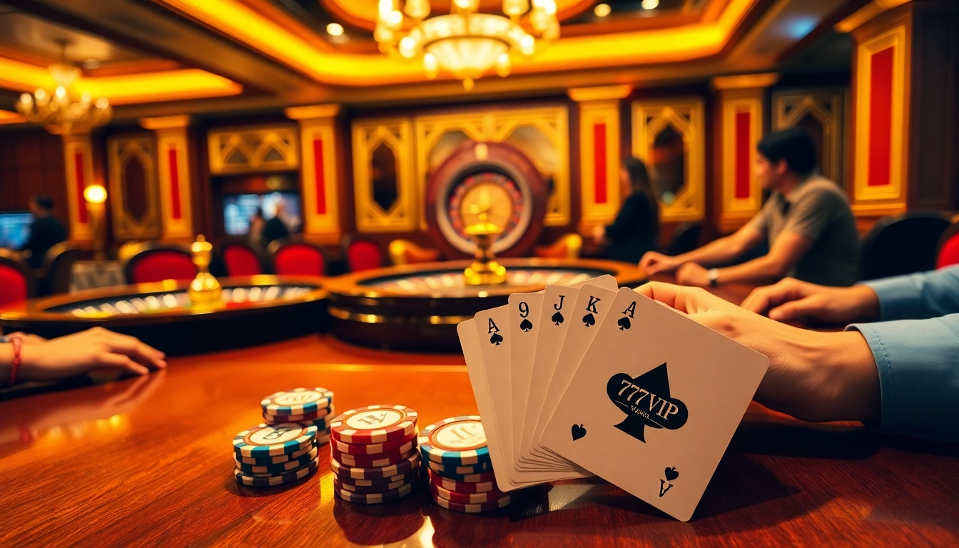 Engage in thrilling poker games at 777VIP with vibrant chips and luxurious casino ambiance.