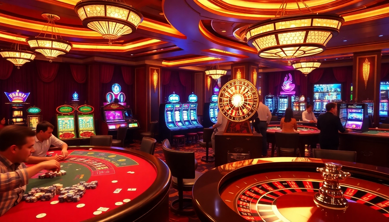 A thrilling moment at a top club casino, featuring energetic players at poker tables, enticing slot machines, and a spinning roulette wheel.