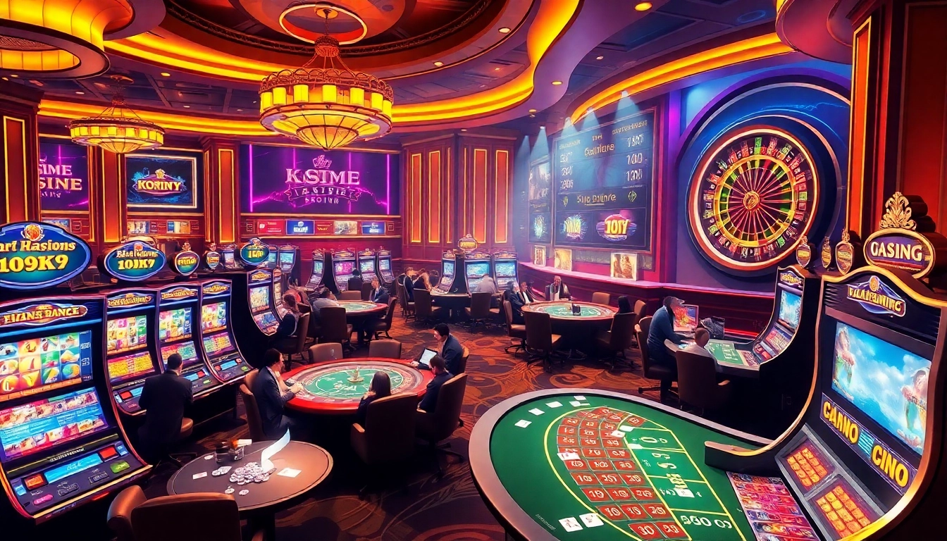 K9K9 game in an exciting casino scene with colorful slot machines and vibrant roulette wheel.